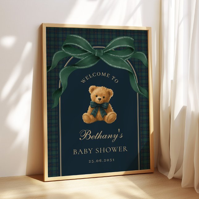 Klassisk grön rutig teddybjörn bebisshower-välkoms poster (Skapare uppladdad)
