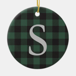 Klassisk grön svart Buffalo Tartan Rutig Monogram Julgransprydnad Keramik