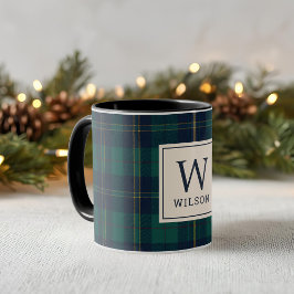 Klassisk grön tartan-plad monogram jul mugg