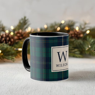 Klassisk grön tartan-plad monogram jul mugg