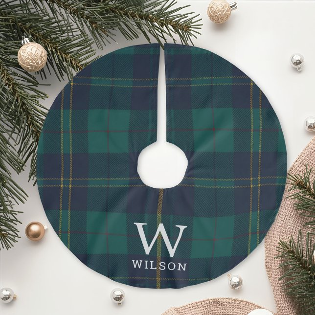 Klassisk grön tartan-rutig monogram jul julgransmatta borstad polyester (Skapare uppladdad)