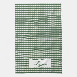 Klassisk grön-vit gingham | Personligt namn Kökshandduk