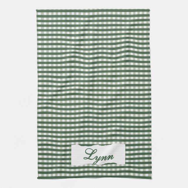 Klassisk grön-vit gingham | Personligt namn Kökshandduk (Vertikal)