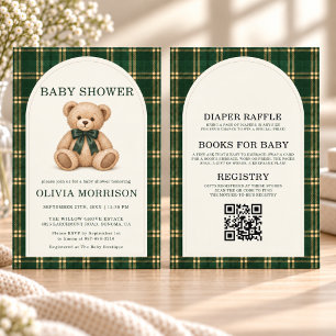 Klassisk grönrutig björn QR-kod Baby Shower  Inbjudningar