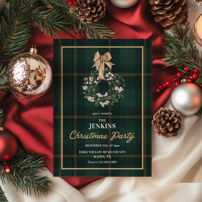 Klassisk grönrutig julfestinbjudan inbjudningar (Elegant Green Tartan Christmas party invitation)