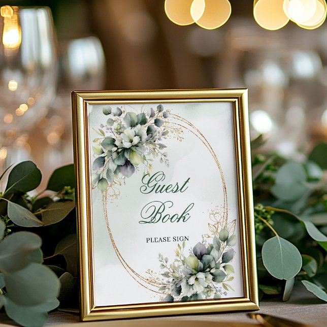 Klassisk grönska och guld gästbokssköld poster (Classic Greenery and Gold Guest Book Sign)