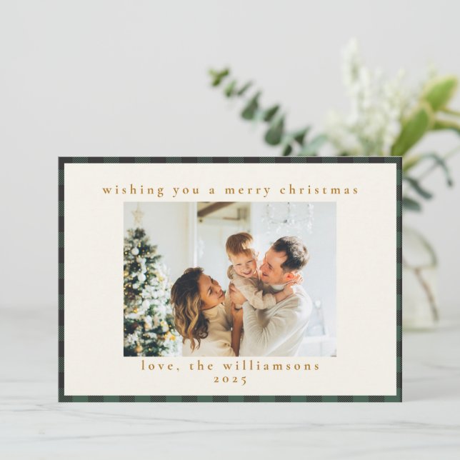 Klassisk Grönt Black Tartan Play 1 Photo Merry Julkort (Stående Fram)