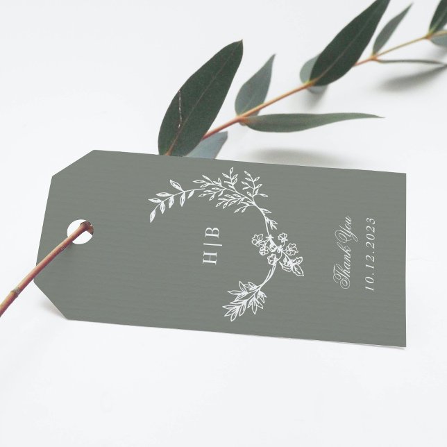 Klassisk Grönt Blommigt Utandning Monogram Bröllop Presentetikett (Skapare uppladdad)