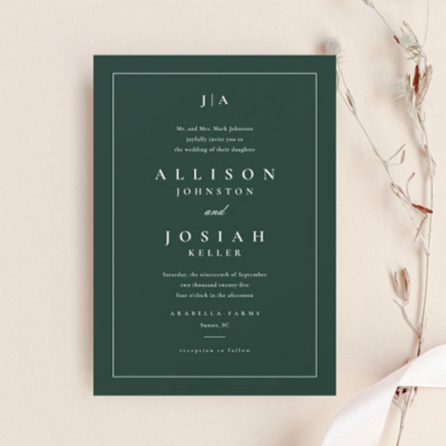 Klassisk Grönt Bröllop Inbjudningar (Elegant Dark Green Wedding Invitation.)