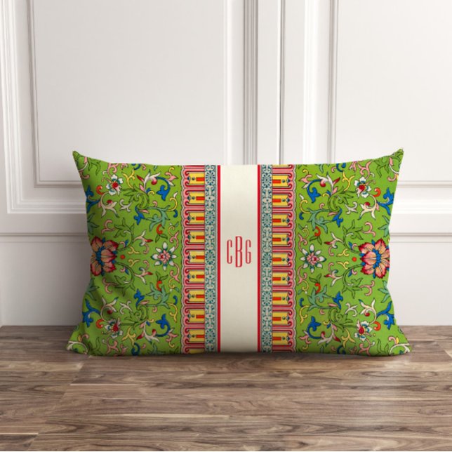 Klassisk Grönt Chinoiserie Pillow med Monogram Lumbarkudde (Skapare uppladdad)