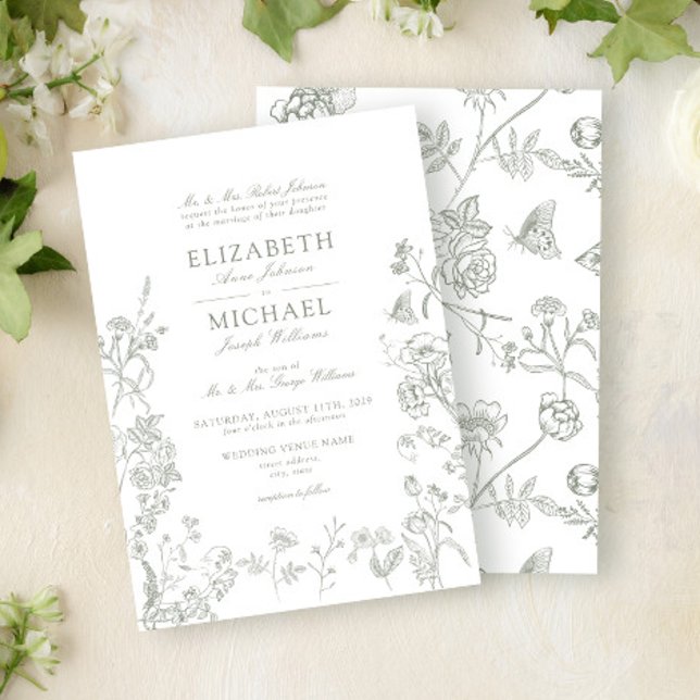 Klassisk Grönt Chinoiserie Victorian Blommigt Bröl Inbjudningar (Skapare uppladdad)