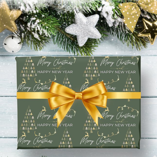 Klassisk Grönt Doodle Julgran Reindeer Stars Presentpapper (Classic Green Doodle Christmas Tree Reindeer Stars Wrapping Paper)