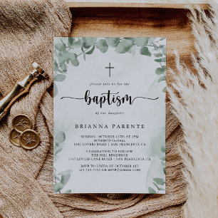 Klassisk Grönt Eucalyptus Foliage Baptism Inbjudningar