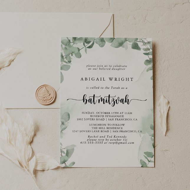 Klassisk Grönt Eucalyptus Foliage Bat mitzvah Inbjudningar (Skapare uppladdad)