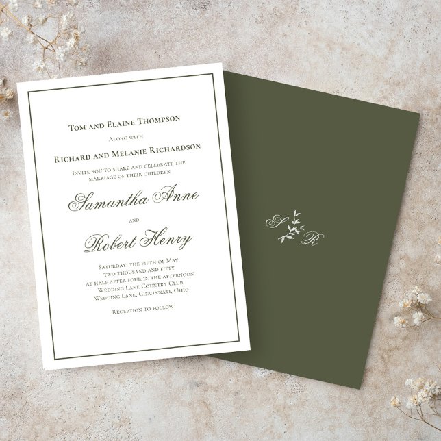 Klassisk Grönt, Kalligrafi, skript Bröllop Inbjudningar (Classic green elegant wedding invitations. )
