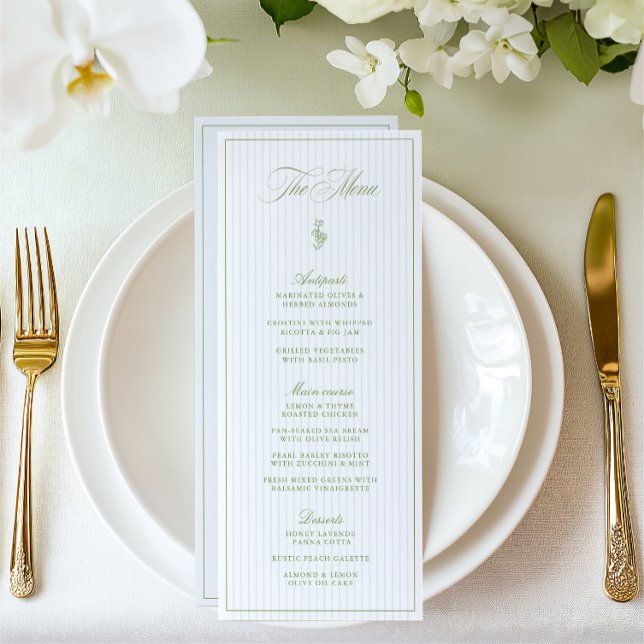 Klassisk Grönt och blå Bröllop-meny med stripe Meny (Classic Sage Green & Blue Striped Wedding Menu)