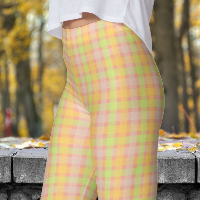Klassisk Grönt och persikokontroll Mönster Leggings (Spring Green and Peach Check Pattern Leggings)