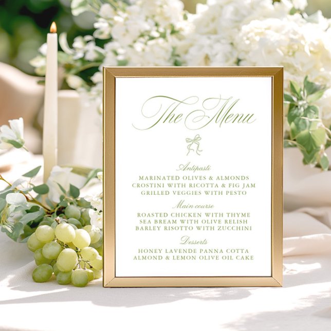 Klassisk Grönt och Vit Bow Bröllop-meny (Classic Sage Green & White Bow Wedding Menu)