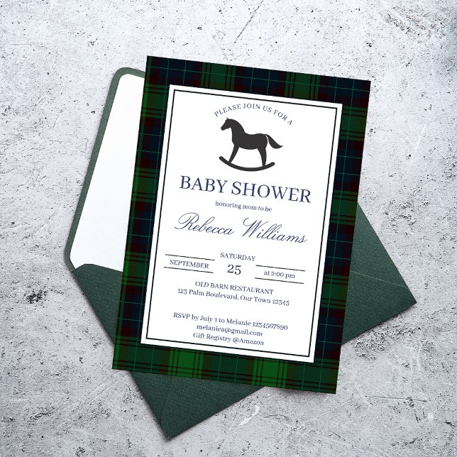 Klassisk grönt, rockande babydusch inbjudningar (Classic emerald green plaid vintage rocking horse baby shower invitation cards template)
