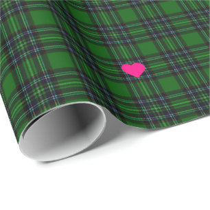 Klassisk Grönt Svart tartan Pets rosa hjärtaccent Presentpapper