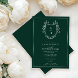 Klassisk Grönt Wildblommonogram Vapensköld Bröllop Inbjudningar