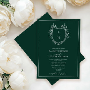 Klassisk Grönt Wildblommonogram Vapensköld Bröllop Inbjudningar