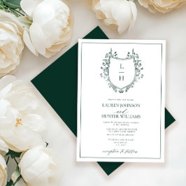 Klassisk Grönt Wildblommonogram Vapensköld Bröllop Inbjudningar