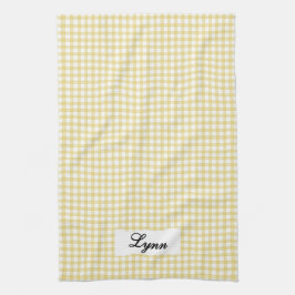 Klassisk gul och vit gingham | Personligt namn Kökshandduk