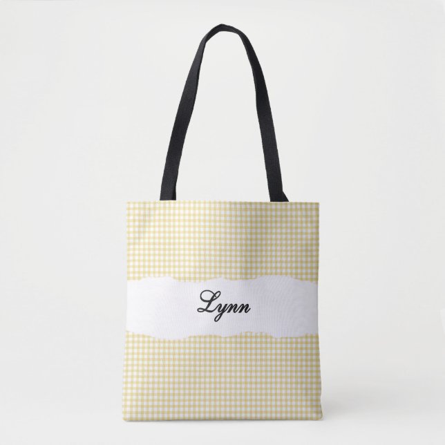 Klassisk gul och vit gingham | Personligt namn Tygkasse (Framsida)
