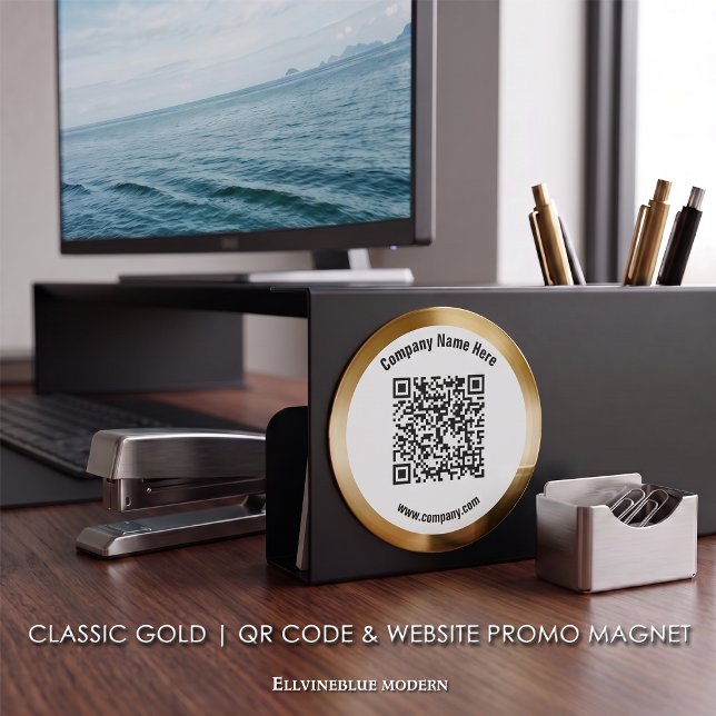 Klassisk guld anpassad QR-kod & webbplats Promo  Magnet (Classic Gold Magnet | A polished layout created to showcase your QR Code, Name, & Website.)
