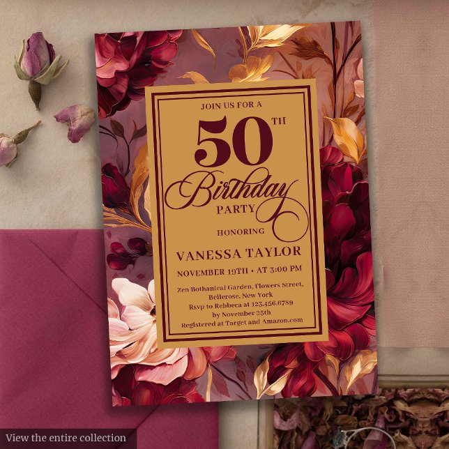 Klassisk,  guld-blommigt, 50-årsdag inbjudningar (Classic deep red blush gold floral 50th birthday invite

)