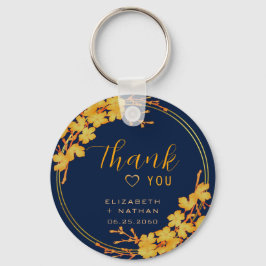 Klassisk Guld Blommigt, marinblå Bröllop Tack Nyckelring