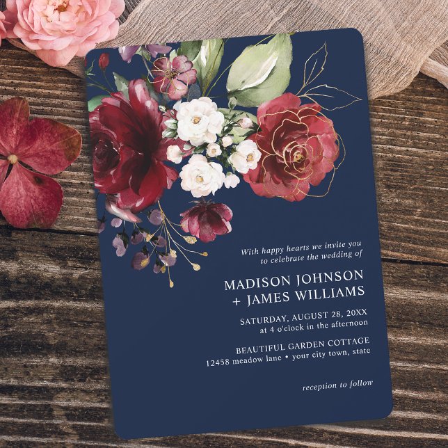 Klassisk guld burgunder vin vattenfärg blommande b inbjudningar (Classic Gold Burgundy Watercolor Floral Wedding Invitation)