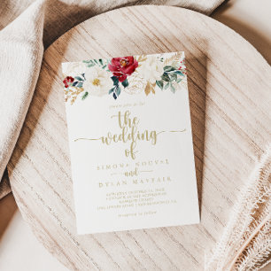 Klassisk Guld Burgundy Vita Blommigten Bröllop i Inbjudningar