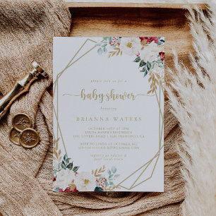 Klassisk Guld Burgundy White Blommigt Baby Shower Inbjudningar