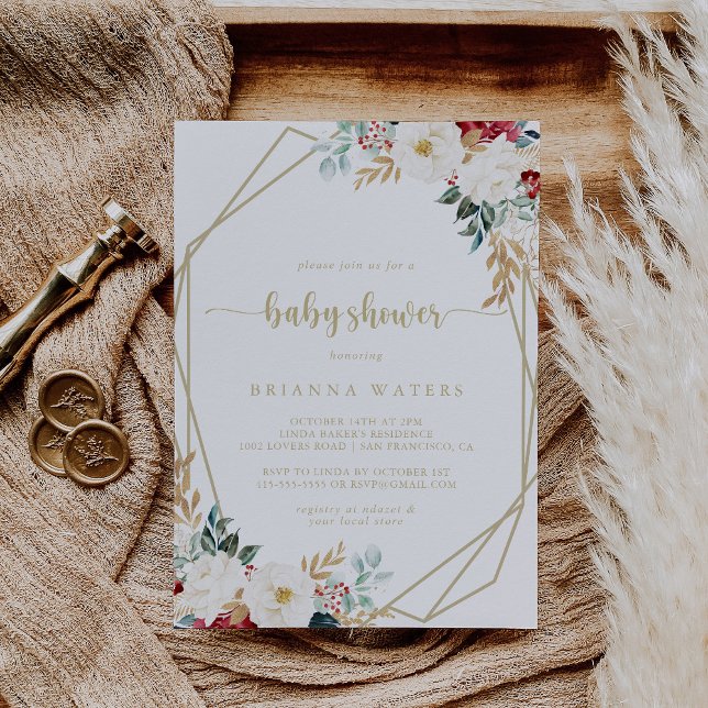 Klassisk Guld Burgundy White Blommigt Baby Shower Inbjudningar (Skapare uppladdad)
