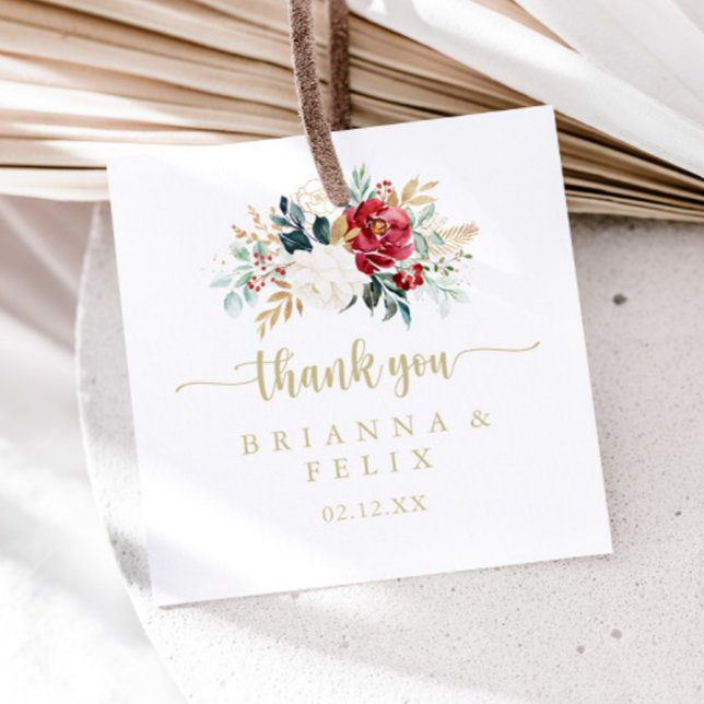 Klassisk Guld Burgundy White Blommigt Bröllop Gåvor Etiketter (Skapare uppladdad)