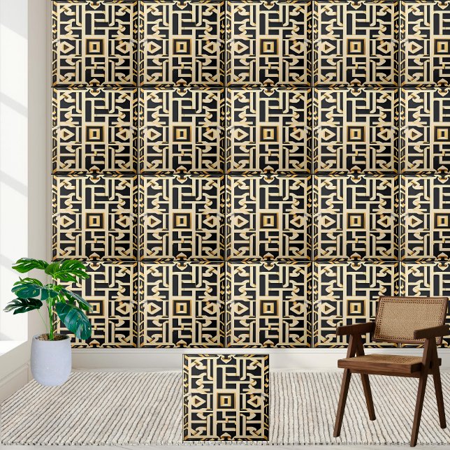 Klassisk Guld Cream White Black Ancient Grekiska p Kakelplatta (Classic Gold Cream White Black Ancient Greek Tiles)