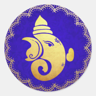 Klassisk Guld Ganapati Indisk Hindu Gud Blå Runt Klistermärke
