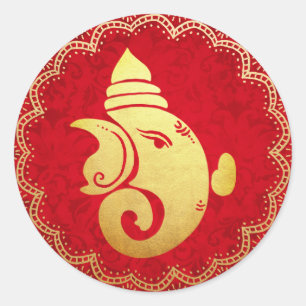 Klassisk Guld Ganapati Indisk Hindu Gud Röd  Runt Klistermärke