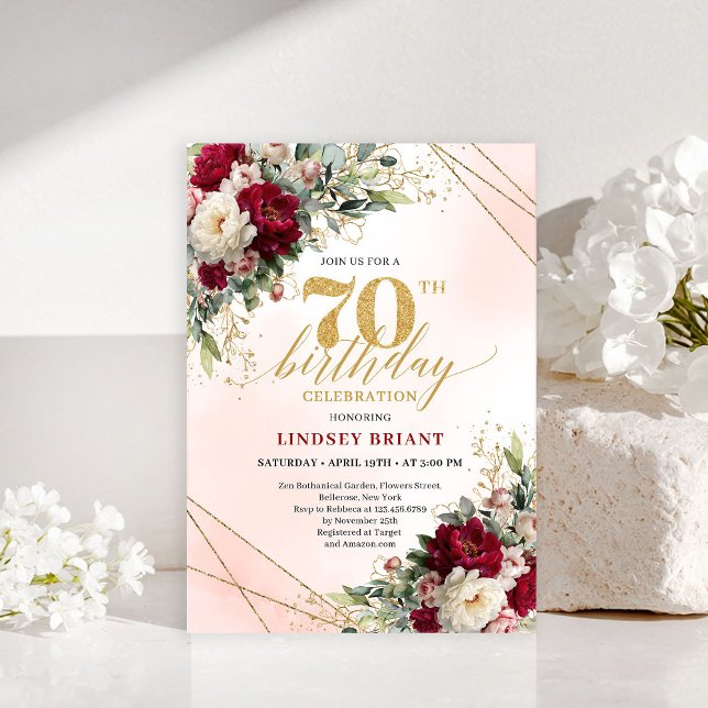 Klassisk guldblommig glad 70-års födelsedagsinbjud inbjudningar (Classic Gold Floral Happy 70th Birthday Invitation)