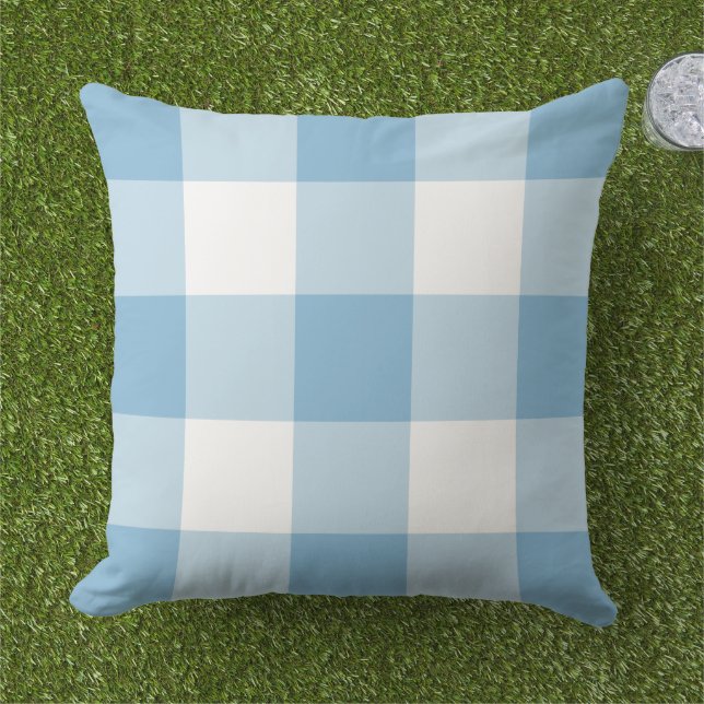 Klassisk himmelblå-vit stor gingham-ruta kudde (Gräs)