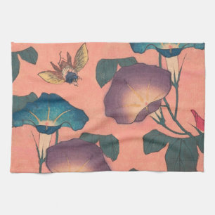 Klassisk Hokusai-konst med rosa bin och blommor Kökshandduk