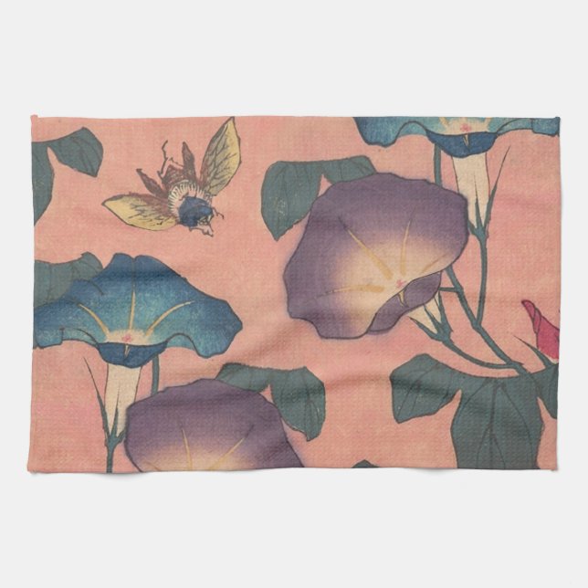 Klassisk Hokusai-konst med rosa bin och blommor Kökshandduk (Horisontell)