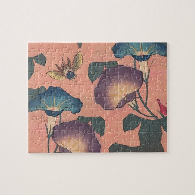 Klassisk Hokusai-konst med rosa bin och blommor Pussel (Horisontell)