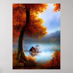 Klassisk höst en hut a Sjö träd crimson löv Poster