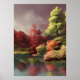 Klassisk höstvy över ett Sjö träd crimson lövs Poster