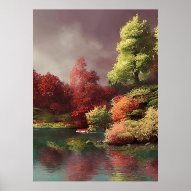 Klassisk höstvy över ett Sjö träd crimson lövs Poster (Framsidan)