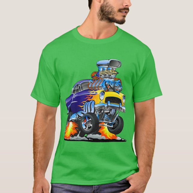 Klassisk hotrod Muscle Car Flames Big Engine T Shirt (Framsida)