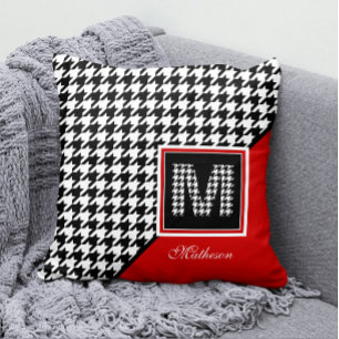 Klassisk Houndstooth & Monogram   Red Black White Kudde
